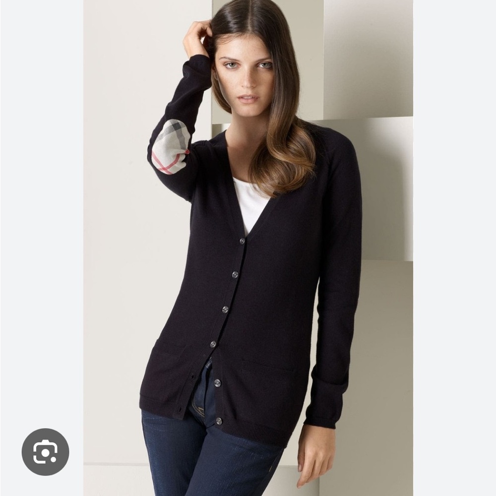 Burberry Brit Elbow Patch Wool 6 Button Blue Cardigan w Shoulder tabs size M